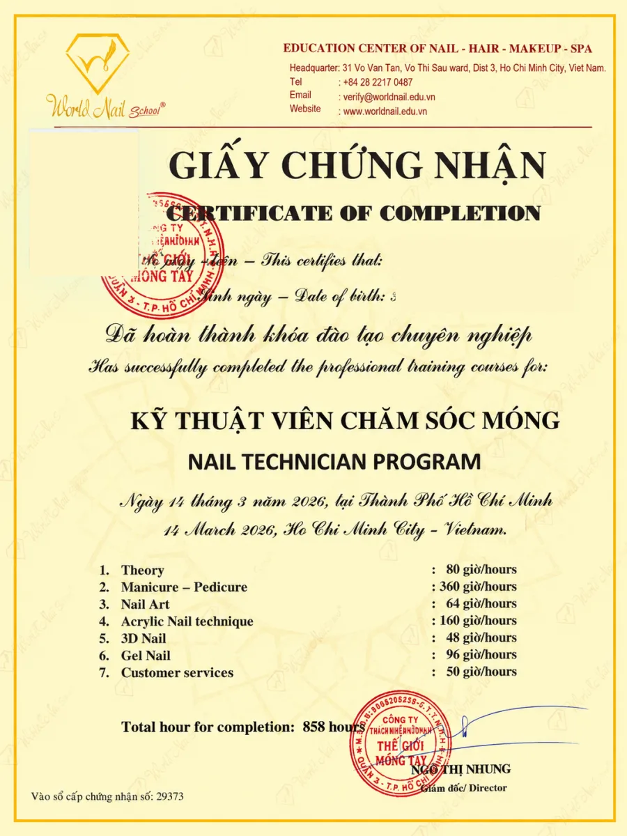 Giấy chứng nhận Học Nail Cấp Bằng Quốc Tế tại World Nail Allpha